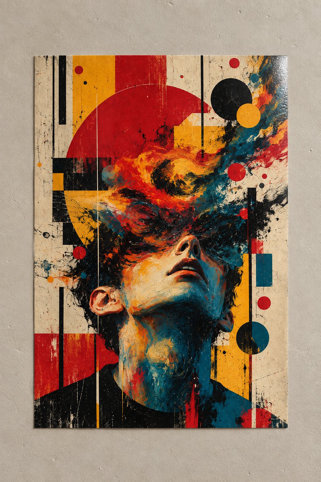 A face looking upward as the head bursts into colourful paint splashes and geometric shapes, poster on a plain wall