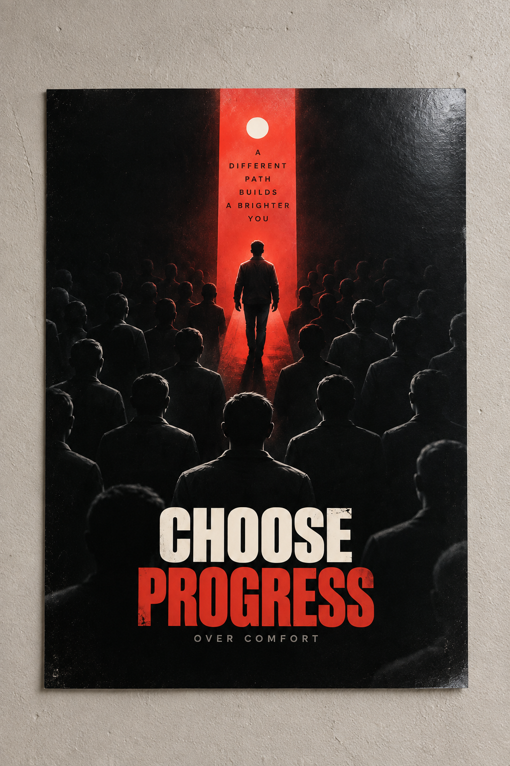 A lone figure walking out of a dark crowd into a red beam of light, with CHOOSE PROGRESS in bold letters, poster on a plain wall