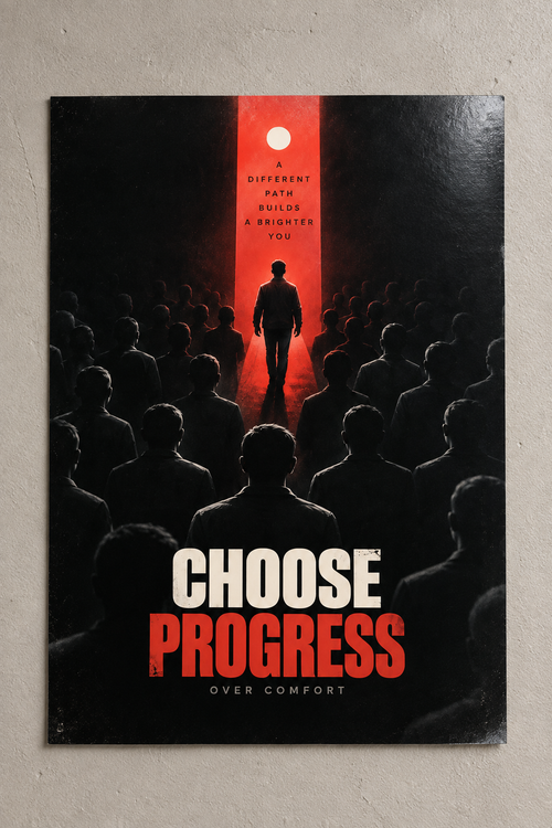 A lone figure walking out of a dark crowd into a red beam of light, with CHOOSE PROGRESS in bold letters, poster on a plain wall