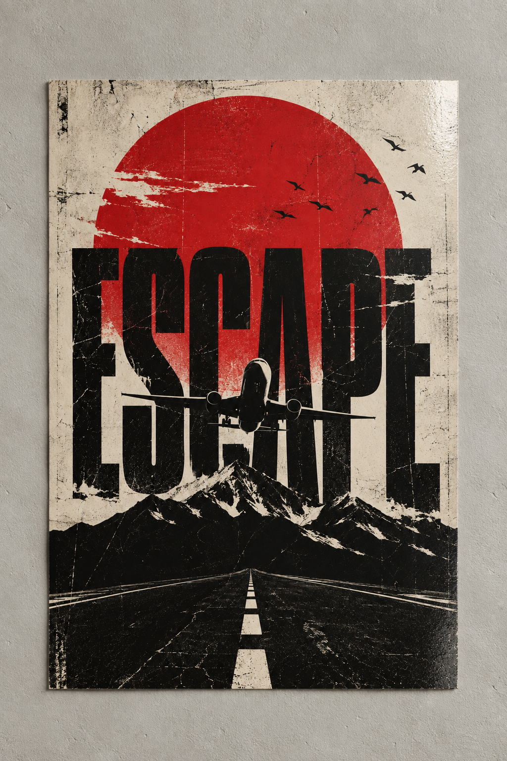 A jet flying over black mountains and an open road beneath ESCAPE lettering, a red sun and birds, poster on a plain wall