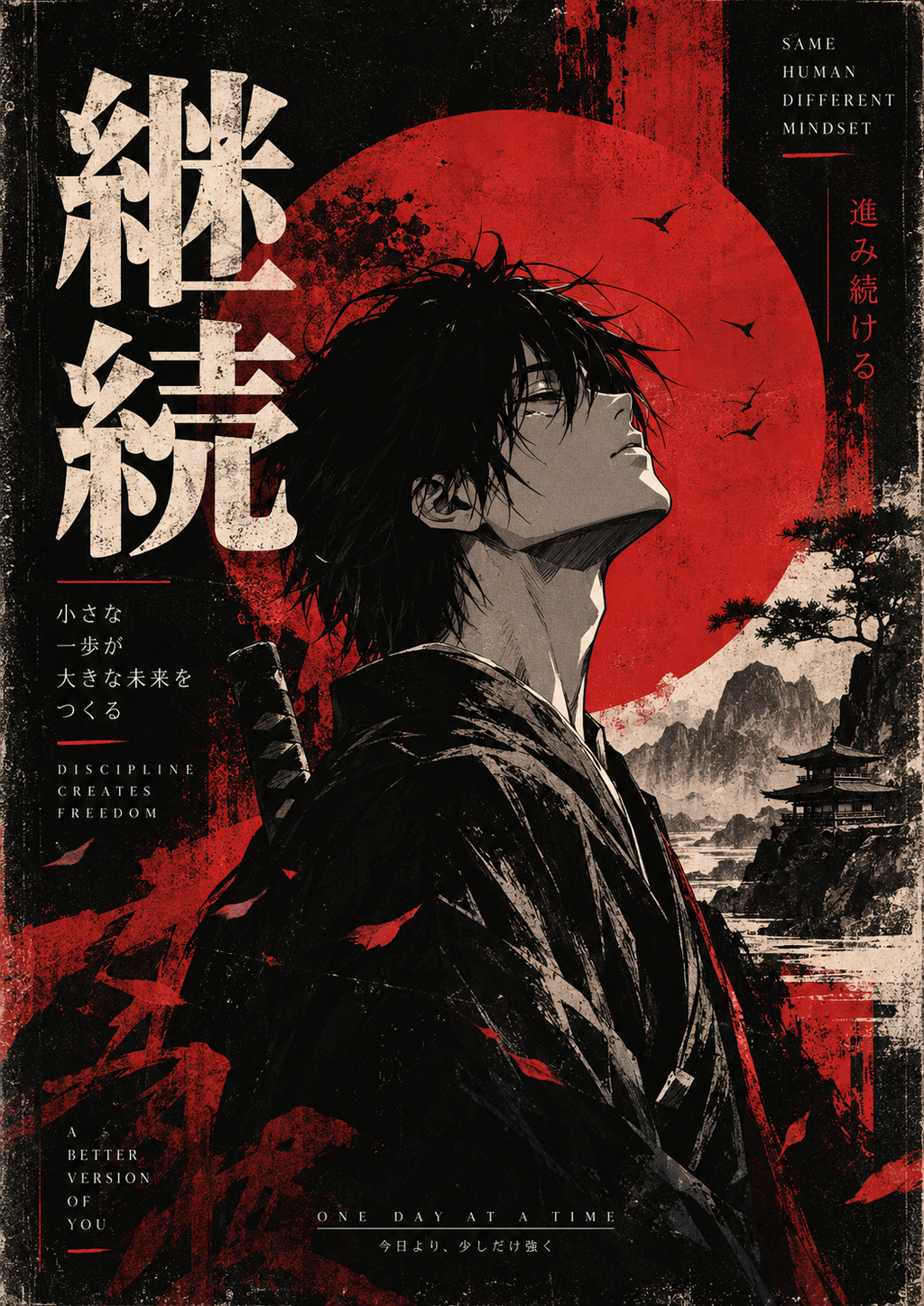 An anime swordsman looking up at a red sun with Japanese kanji and ink-splash mountains, full artwork