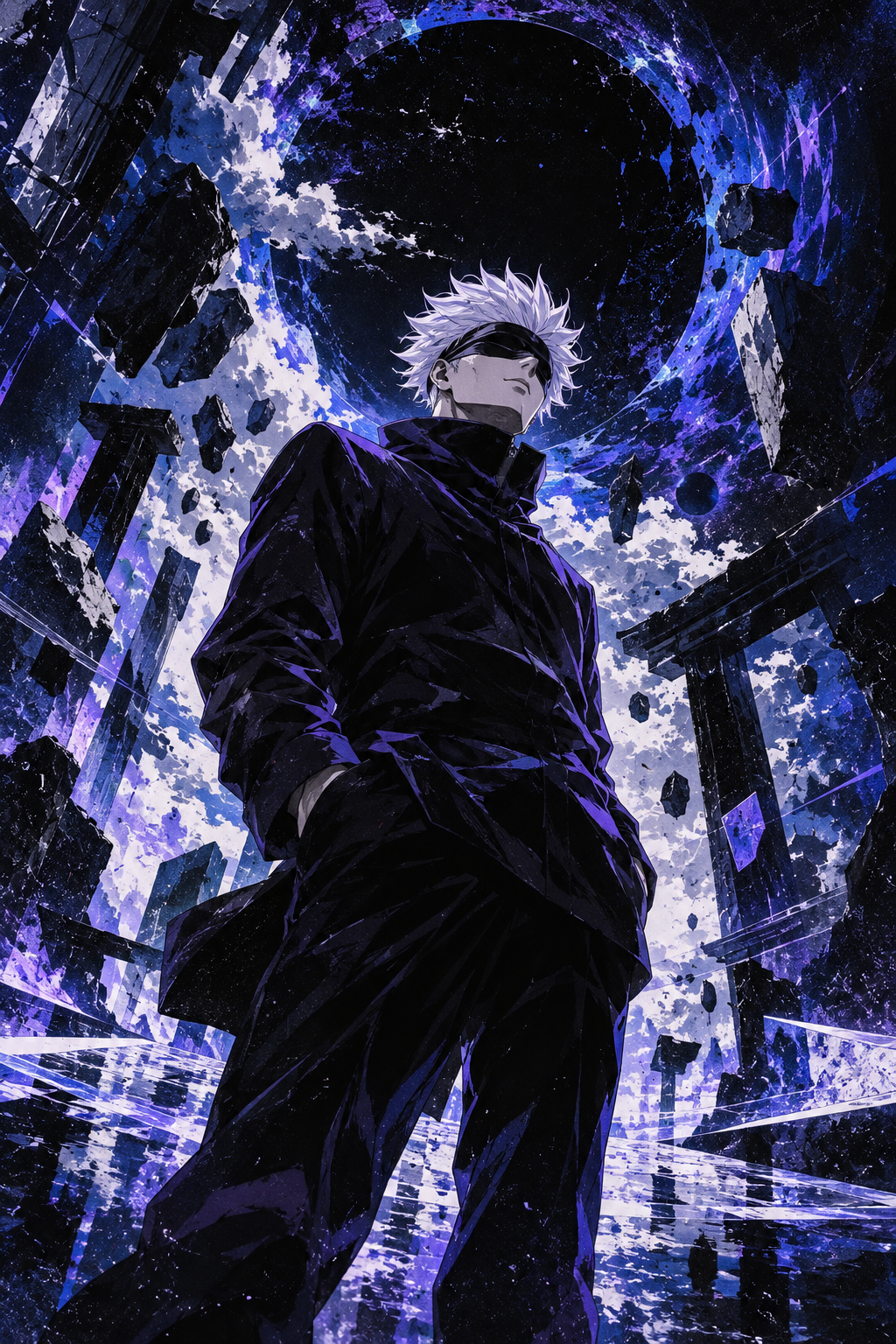 A white-haired anime sorcerer in a blindfold and dark coat surrounded by swirling blue and violet energy, full artwork