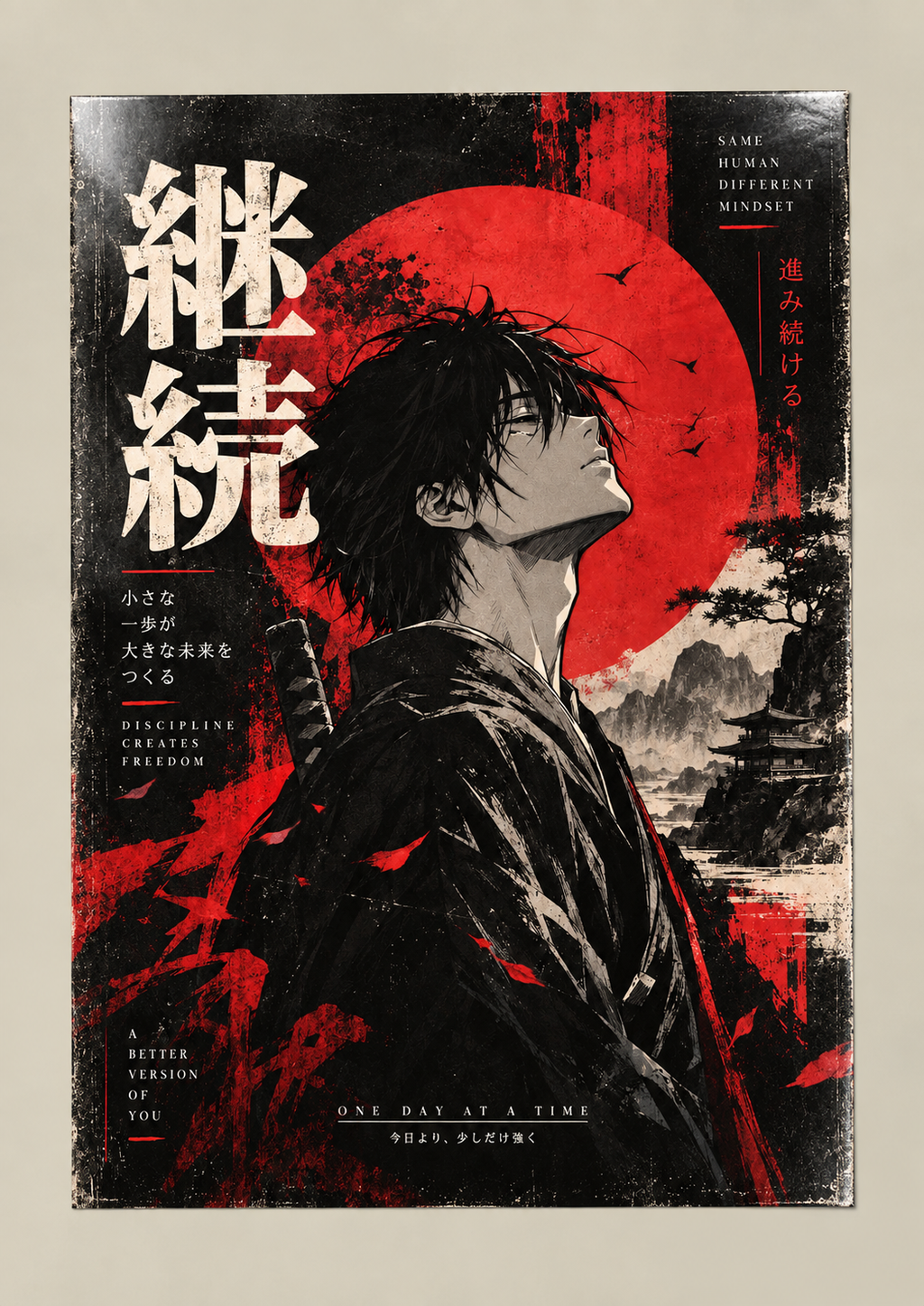An anime swordsman looking up at a red sun with Japanese kanji and ink-splash mountains, poster on a plain wall