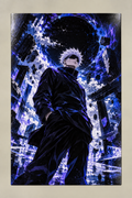 A white-haired anime sorcerer in a blindfold and dark coat surrounded by swirling blue and violet energy, poster on a plain wall