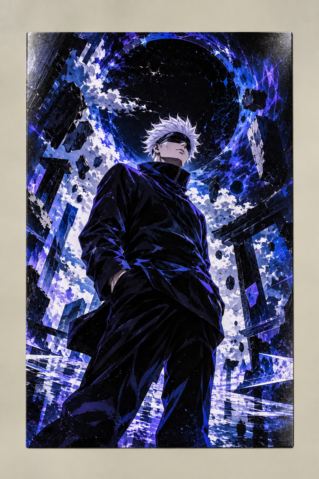 A white-haired anime sorcerer in a blindfold and dark coat surrounded by swirling blue and violet energy, poster on a plain wall