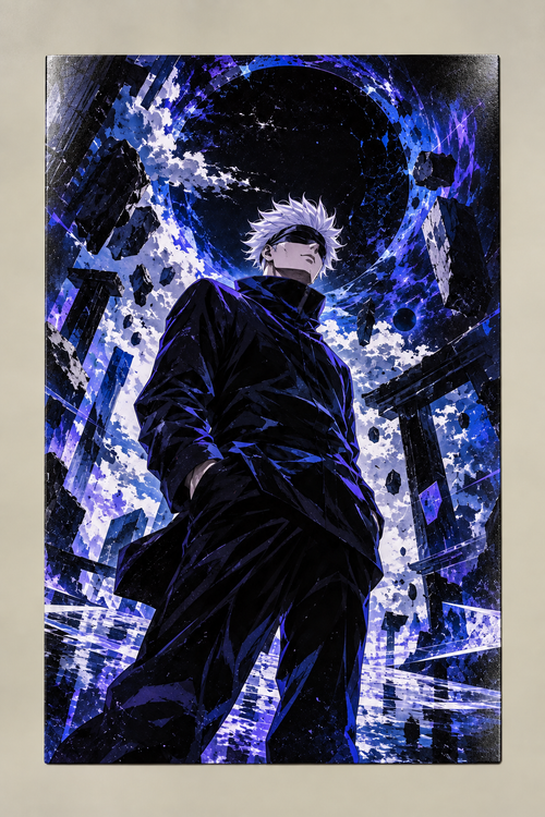 A white-haired anime sorcerer in a blindfold and dark coat surrounded by swirling blue and violet energy, poster on a plain wall