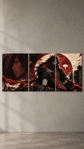 A cloaked anime warrior seated above ruins in red and black, across three panels, 3 piece split poster on a plain wall