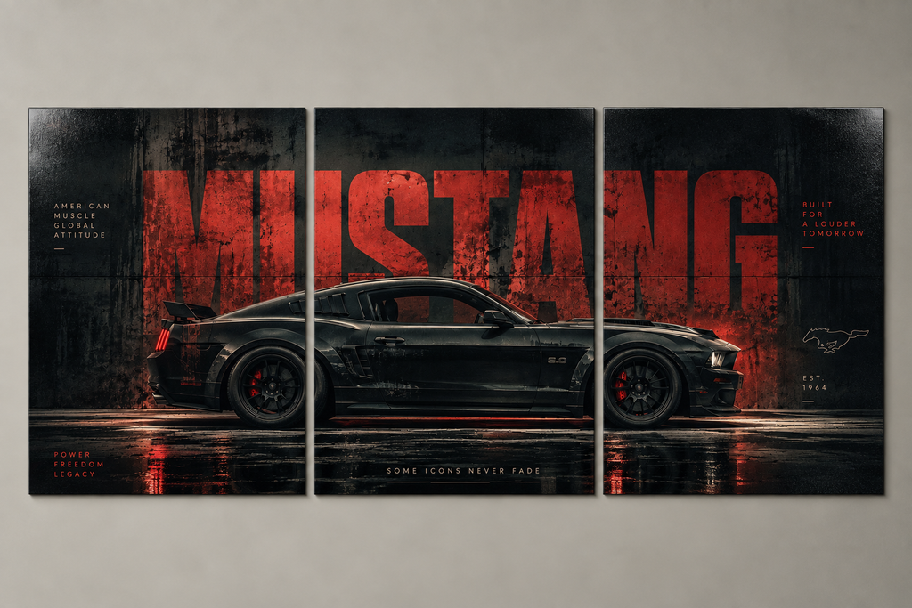 A dark muscle car in a red-lit garage with large red lettering across three panels, 3 piece split poster on a plain wall