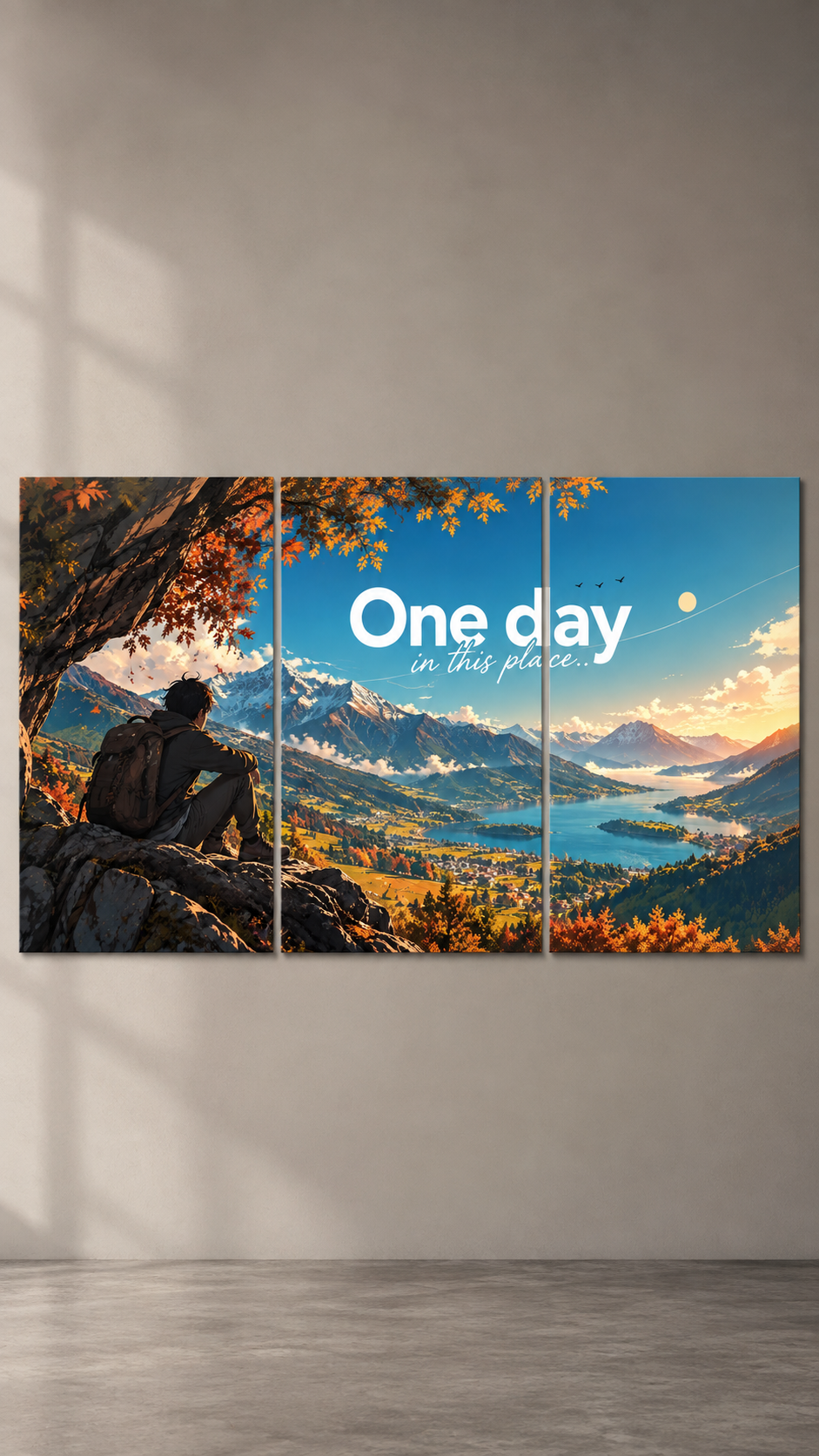 A backpacker on a ledge under an autumn tree, looking over mountains and a lake, across three panels, 3 piece split poster on a plain wall