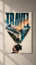 A hand holding a camera that projects a mountain valley into tall TRAVEL letters, poster on a plain wall