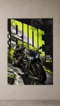 A rider leaning a black and neon green superbike into a corner under huge RIDE lettering, poster on a plain wall