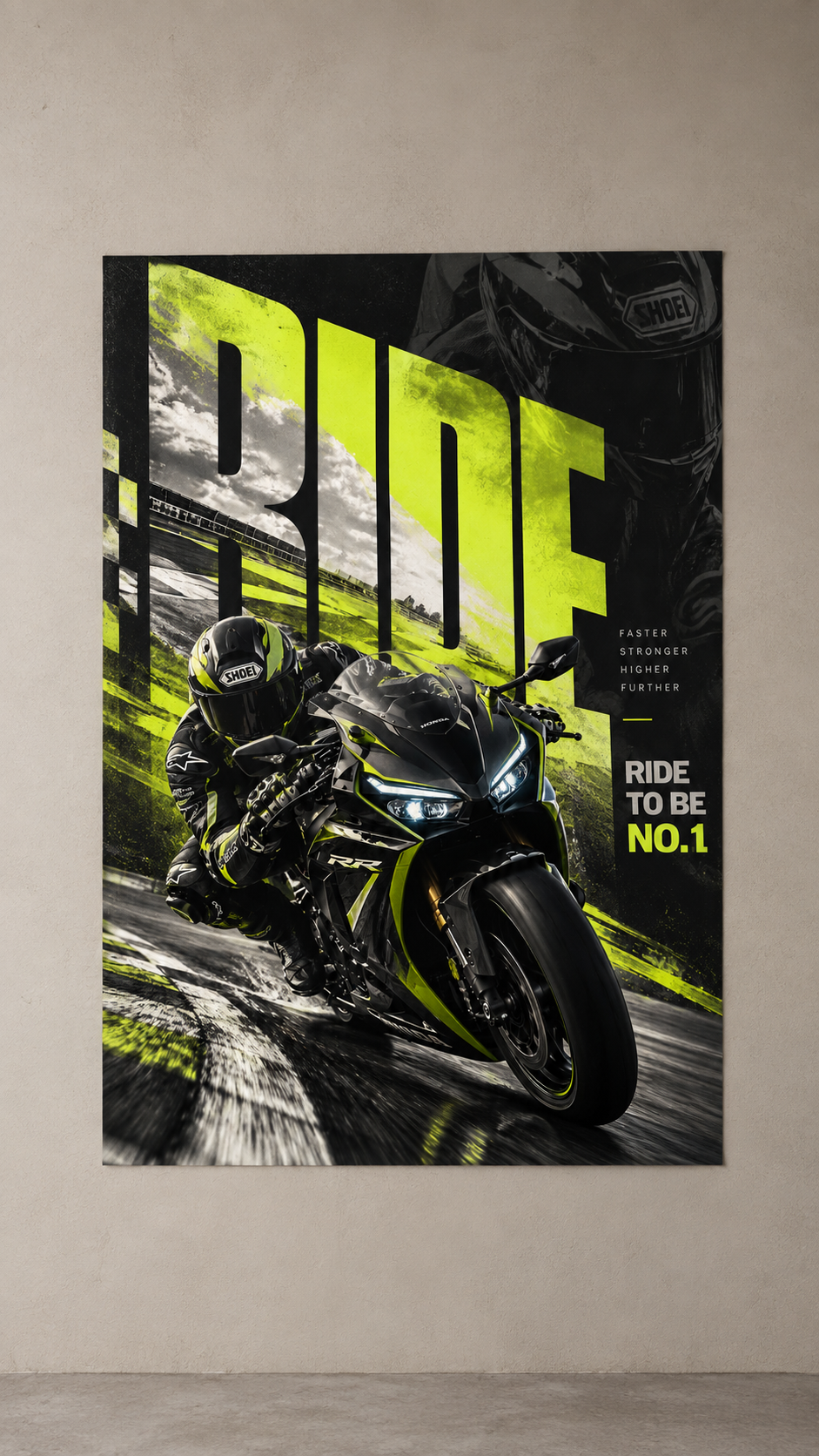 A rider leaning a black and neon green superbike into a corner under huge RIDE lettering, poster on a plain wall