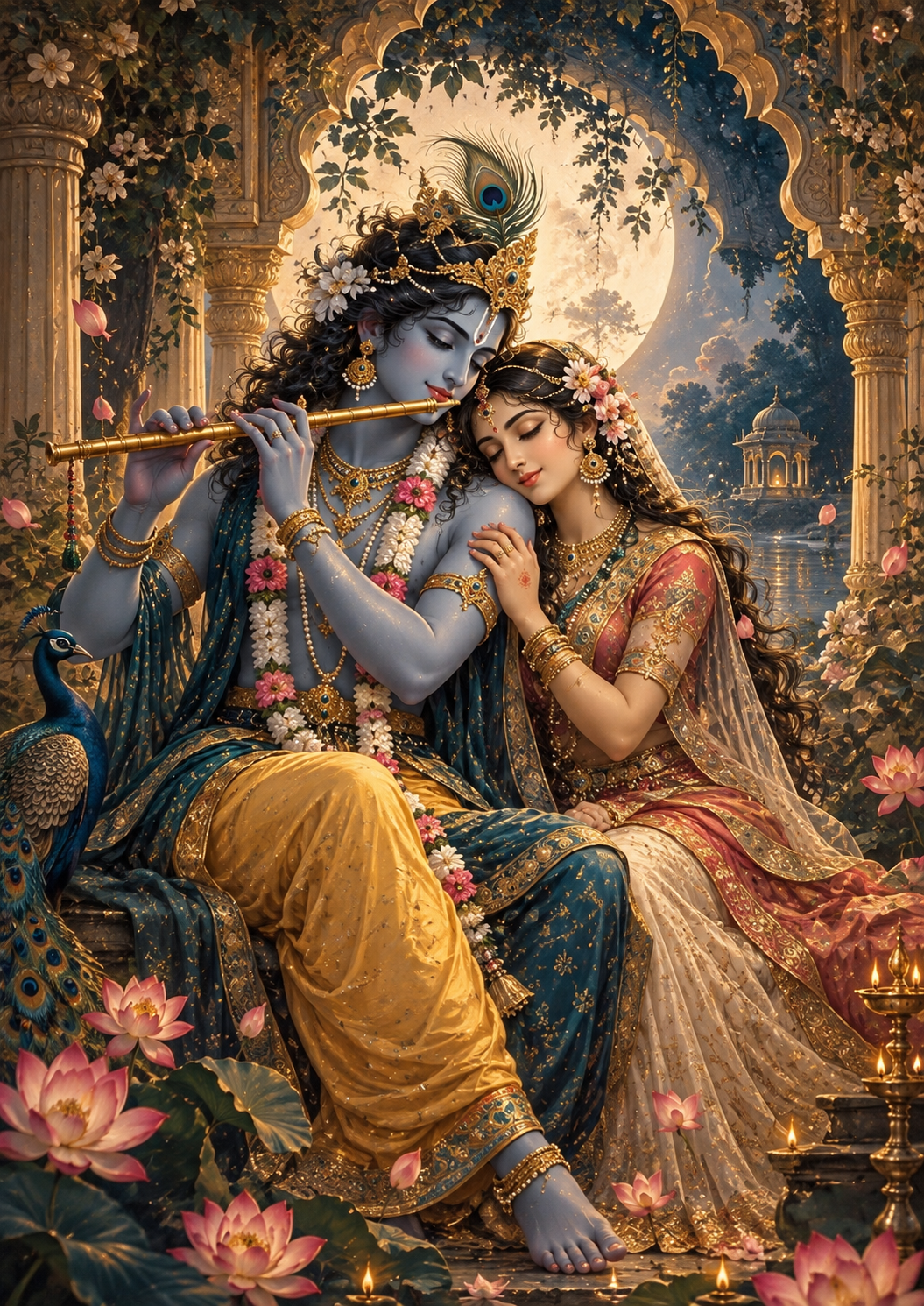 Radha resting on Krishna's shoulder as he plays the flute under a carved arch filled with lotus flowers, full artwork