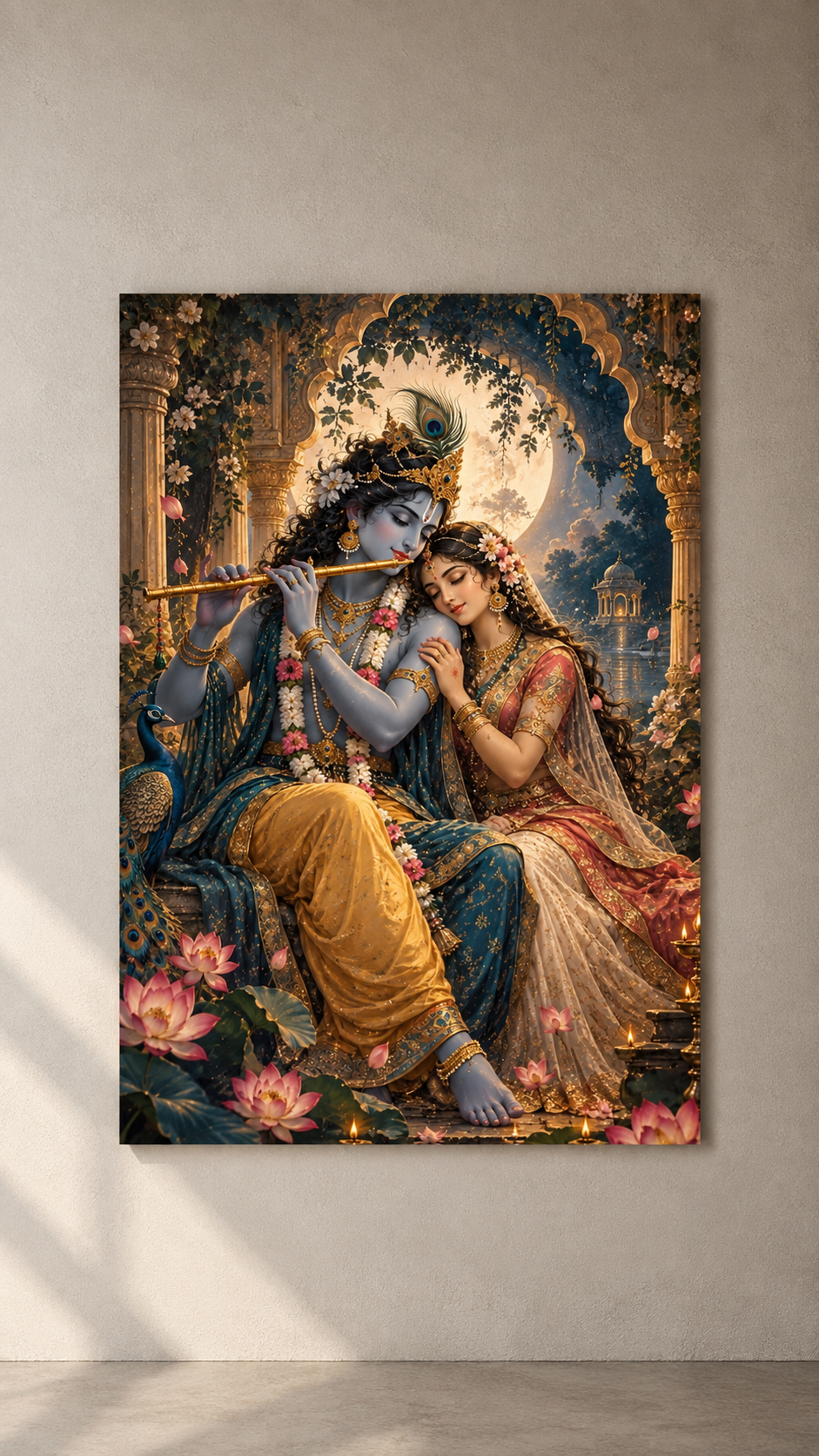 Radha resting on Krishna's shoulder as he plays the flute under a carved arch filled with lotus flowers, poster on a plain wall
