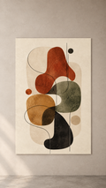Stacked organic shapes in rust, olive, ochre and black with a single flowing line on beige, poster on a plain wall