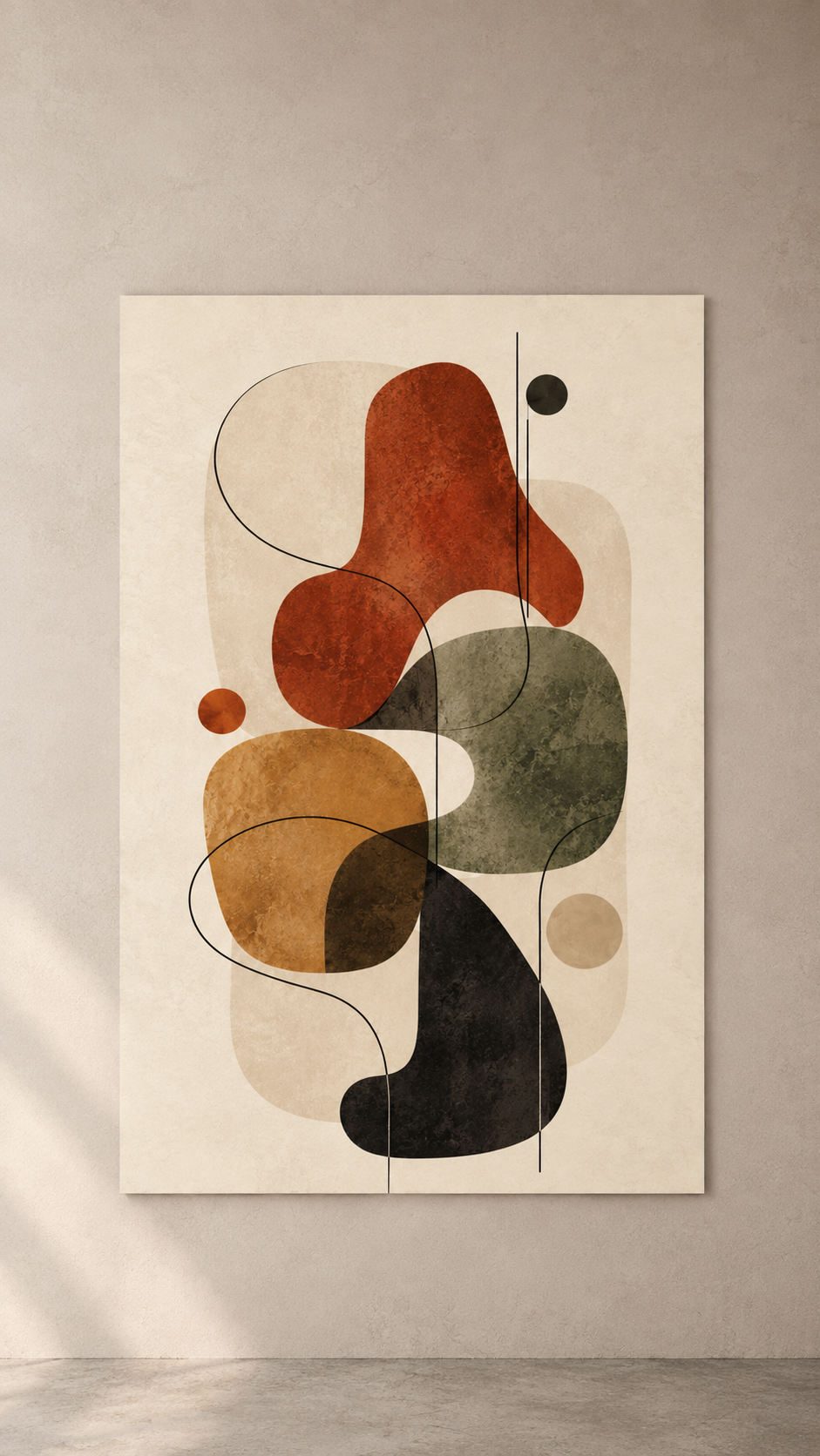 Stacked organic shapes in rust, olive, ochre and black with a single flowing line on beige, poster on a plain wall