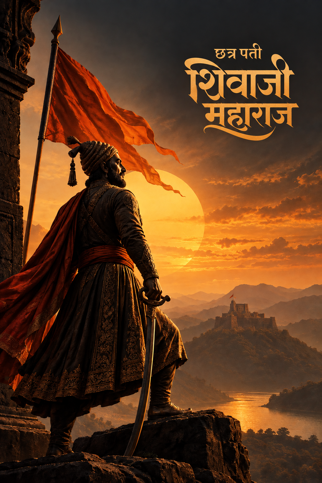 Chhatrapati Shivaji Maharaj standing on a cliff with a saffron flag, looking at a fort at sunset, full artwork