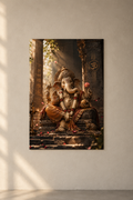 Lord Ganesha seated on temple steps in warm light between stone pillars, with Om carved behind, poster on a plain wall