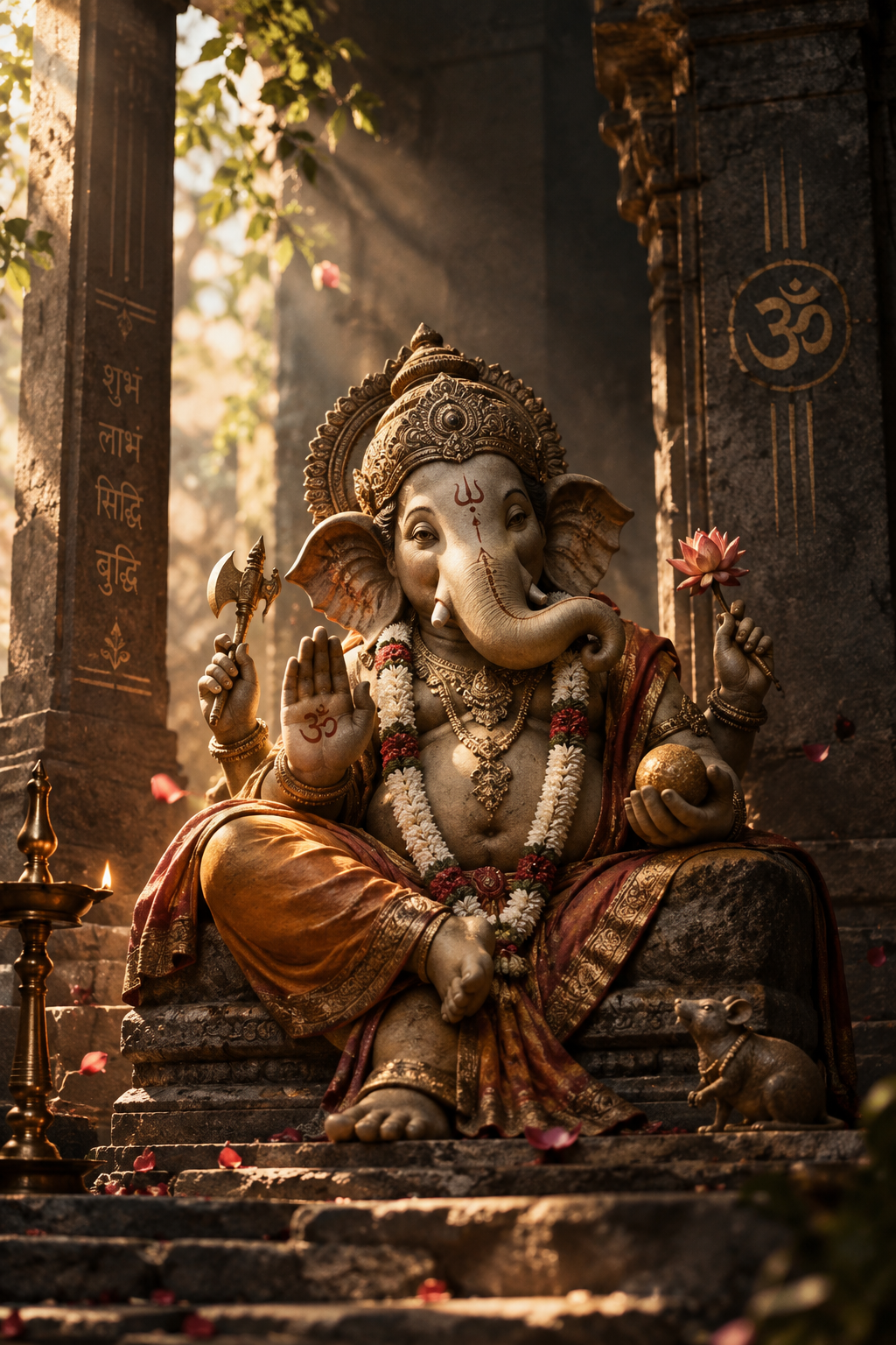 Lord Ganesha seated on temple steps in warm light between stone pillars, with Om carved behind, full artwork