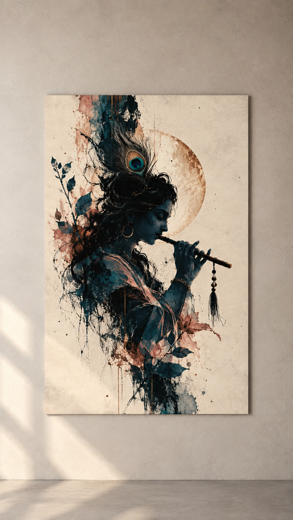 A flute player with a peacock feather in blue and blush ink wash, fading into white, poster on a plain wall