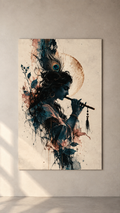 A flute player with a peacock feather in blue and blush ink wash, fading into white, poster on a plain wall