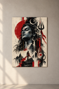 Lord Shiva with closed eyes, a crescent moon and trident, against a red sun and temple steps, poster on a plain wall