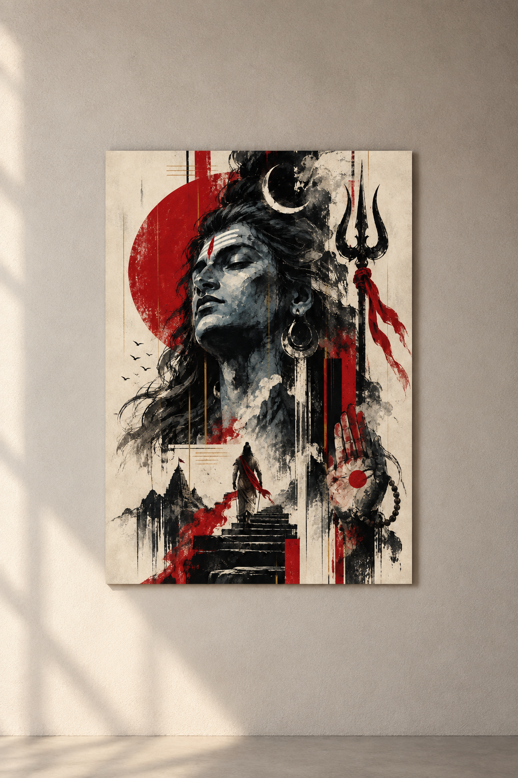 Lord Shiva with closed eyes, a crescent moon and trident, against a red sun and temple steps, poster on a plain wall