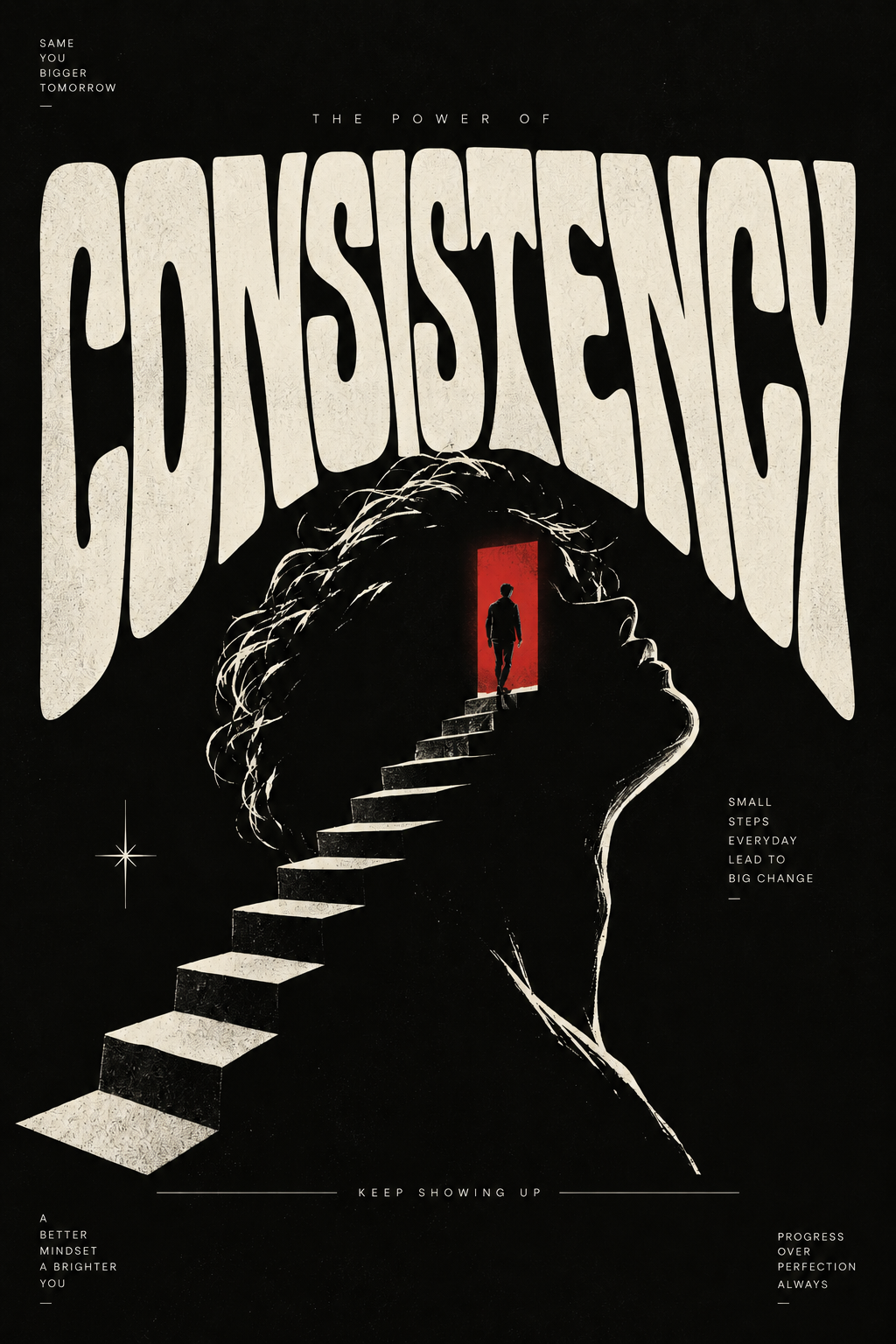 Warped white CONSISTENCY lettering over a head silhouette with a staircase climbing to a red-lit door, full artwork