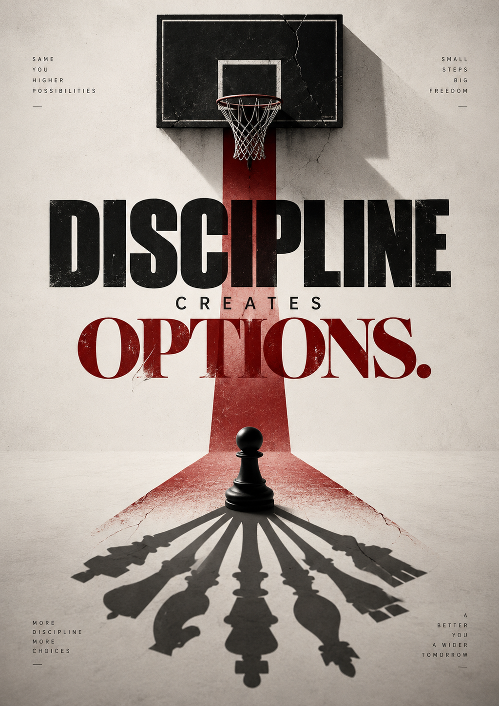 A basketball hoop above a red court path and a chess pawn casting the shadows of every chess piece, full artwork