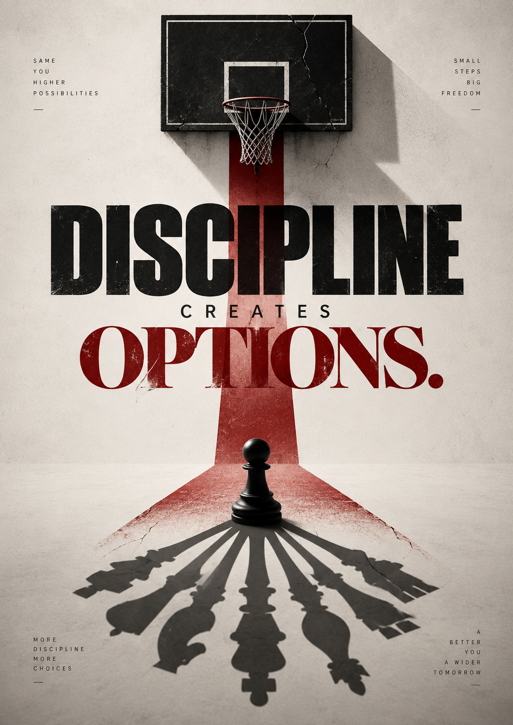 A basketball hoop above a red court path and a chess pawn casting the shadows of every chess piece, full artwork