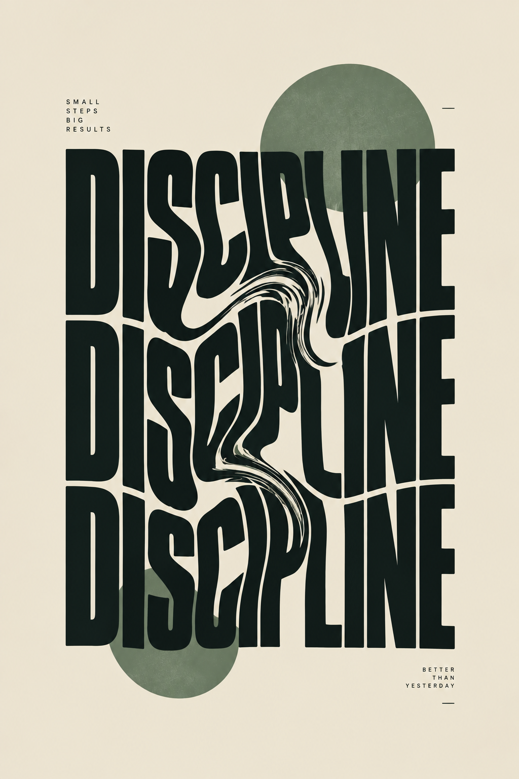 DISCIPLINE written three times in warped dark green letters with two sage circles, full artwork