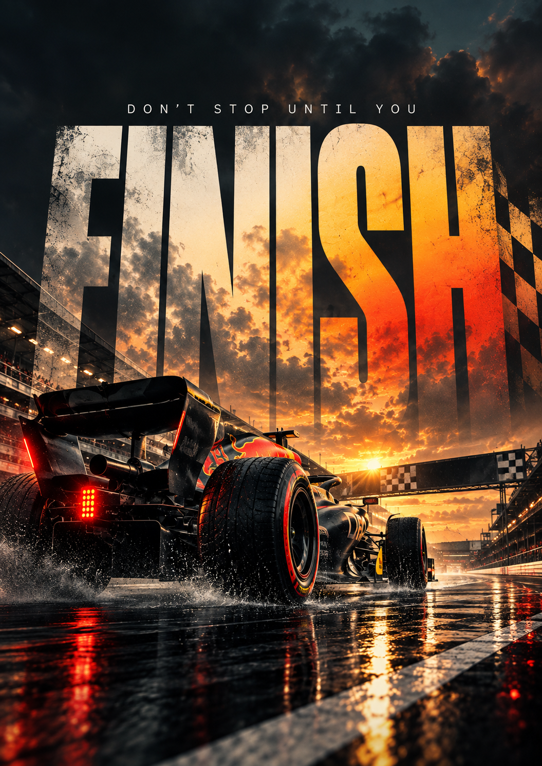A formula race car speeding over a wet track at sunset, with FINISH in fiery lettering above, full artwork