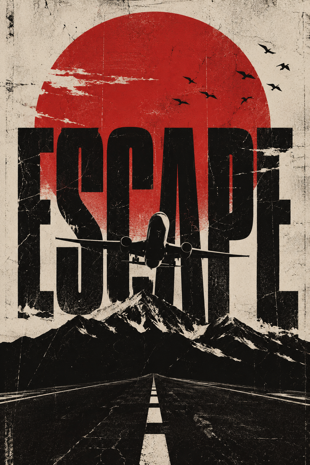 A jet flying over black mountains and an open road beneath ESCAPE lettering, a red sun and birds, full artwork