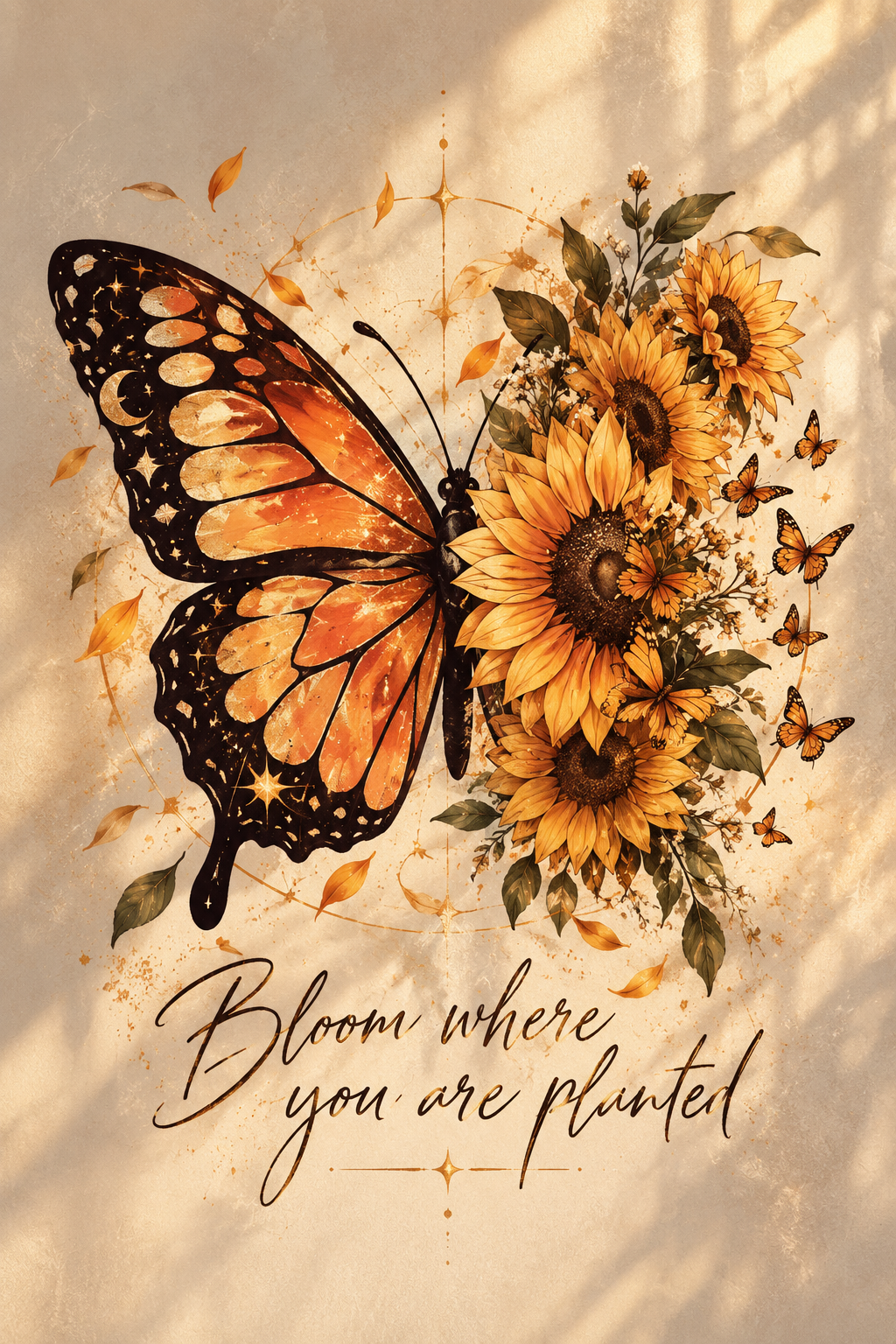 A monarch butterfly with sunflowers for wings on cream, with Bloom where you are planted in script, full artwork