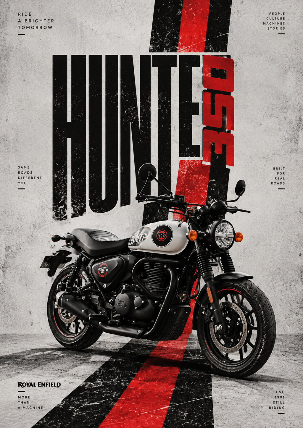 A retro roadster motorcycle on a red and black stripe with bold distressed lettering, full artwork
