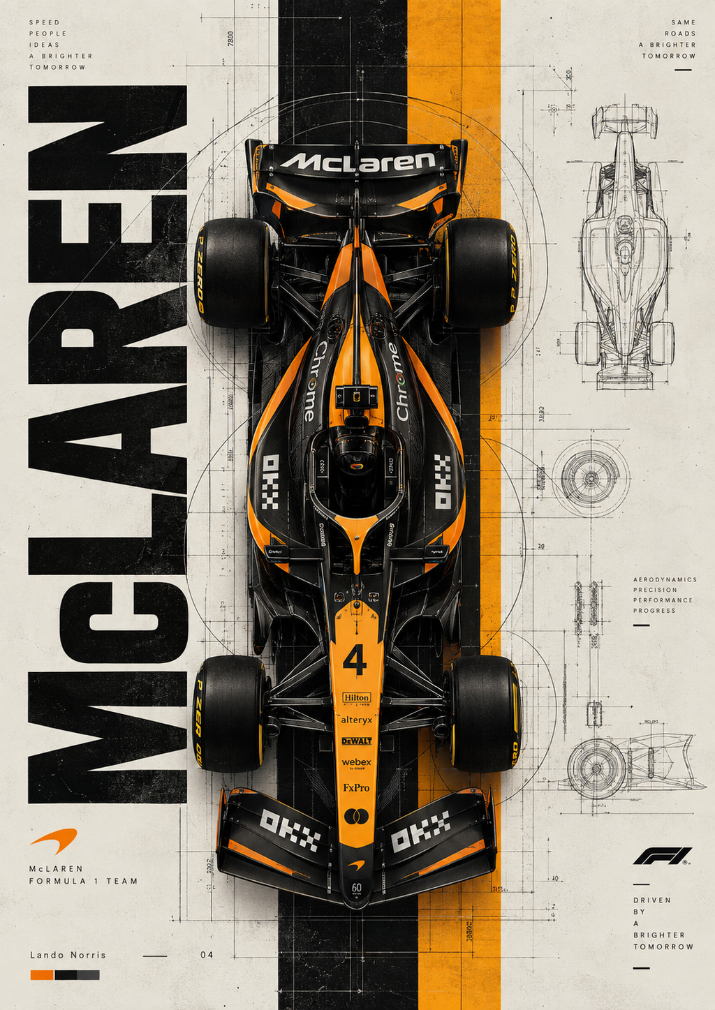 A top-down orange and black formula race car on a technical blueprint background, full artwork