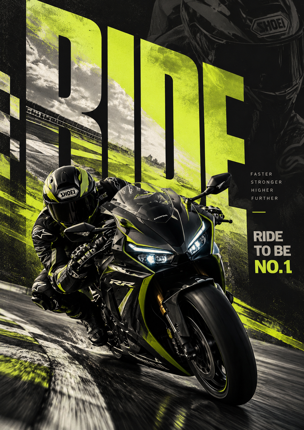 A rider leaning a black and neon green superbike into a corner under huge RIDE lettering, full artwork