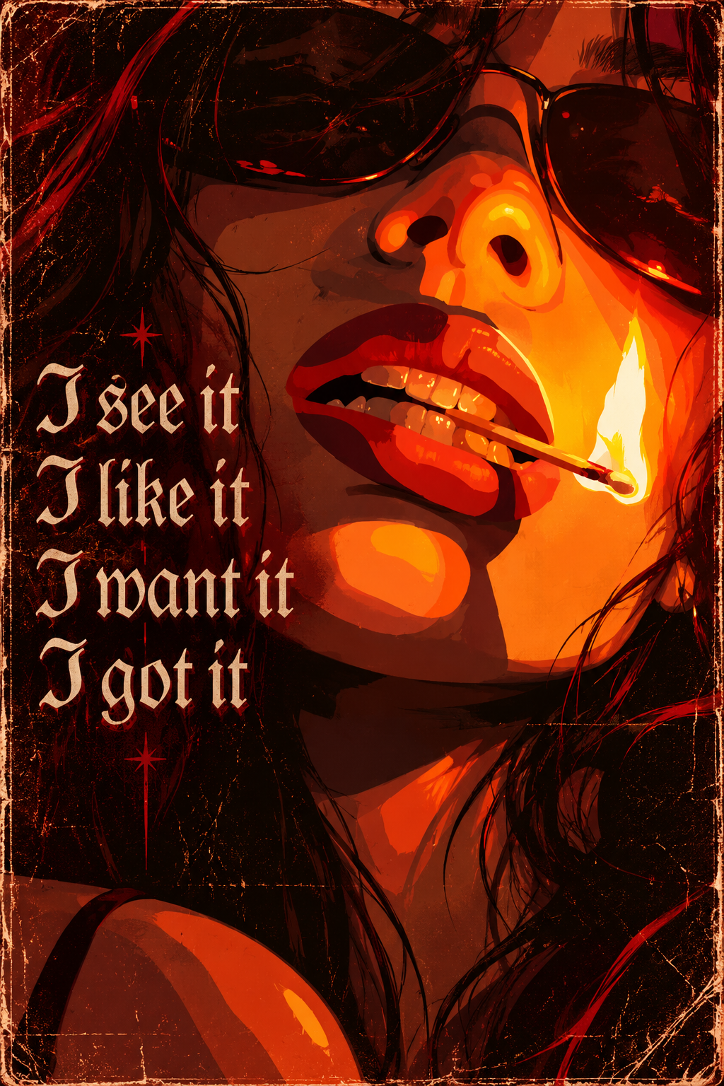 An illustrated woman in sunglasses lighting a match, with gothic script lines in warm orange tones, full artwork