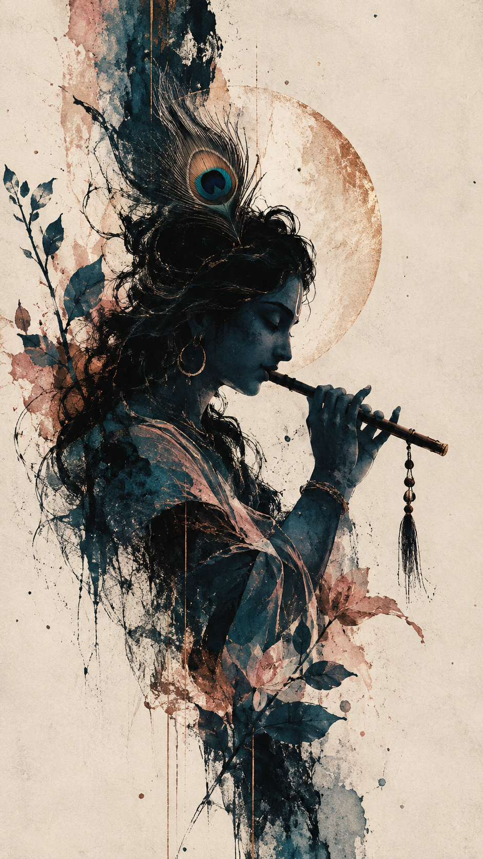 A flute player with a peacock feather in blue and blush ink wash, fading into white, full artwork