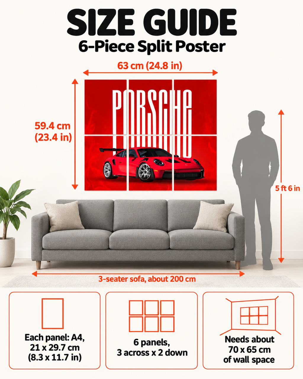 6 piece split poster size guide showing the panel layout and measurements