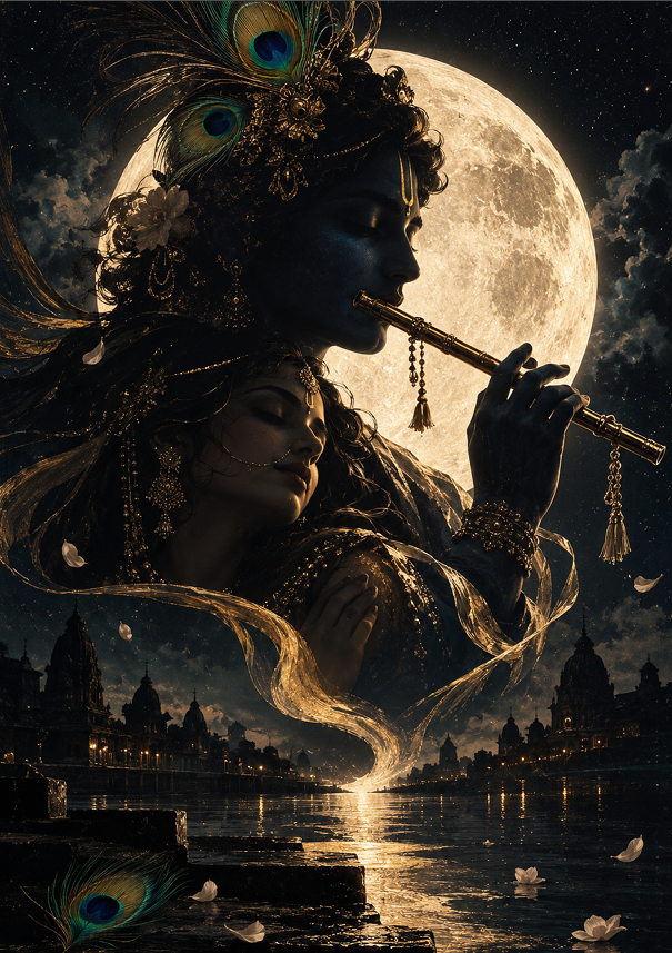 Krishna playing the flute under a full moon with Radha resting beside him over a riverside temple, full artwork