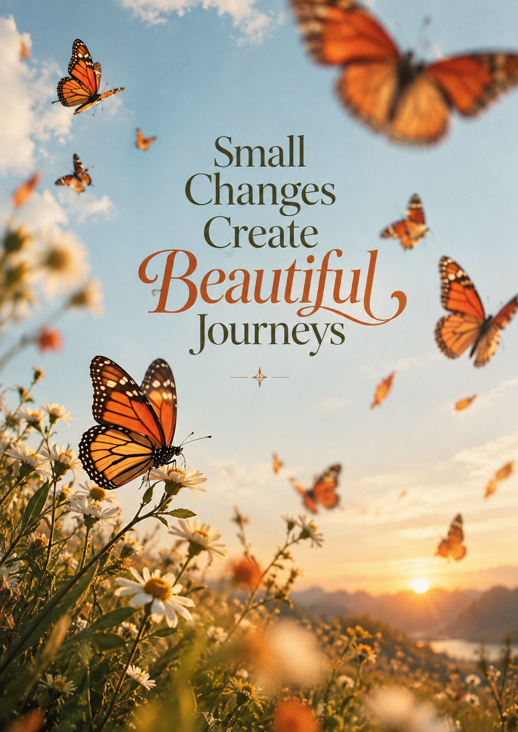 Orange butterflies over a meadow of white flowers at sunrise with the words Small Changes Create Beautiful Journeys, full artwork