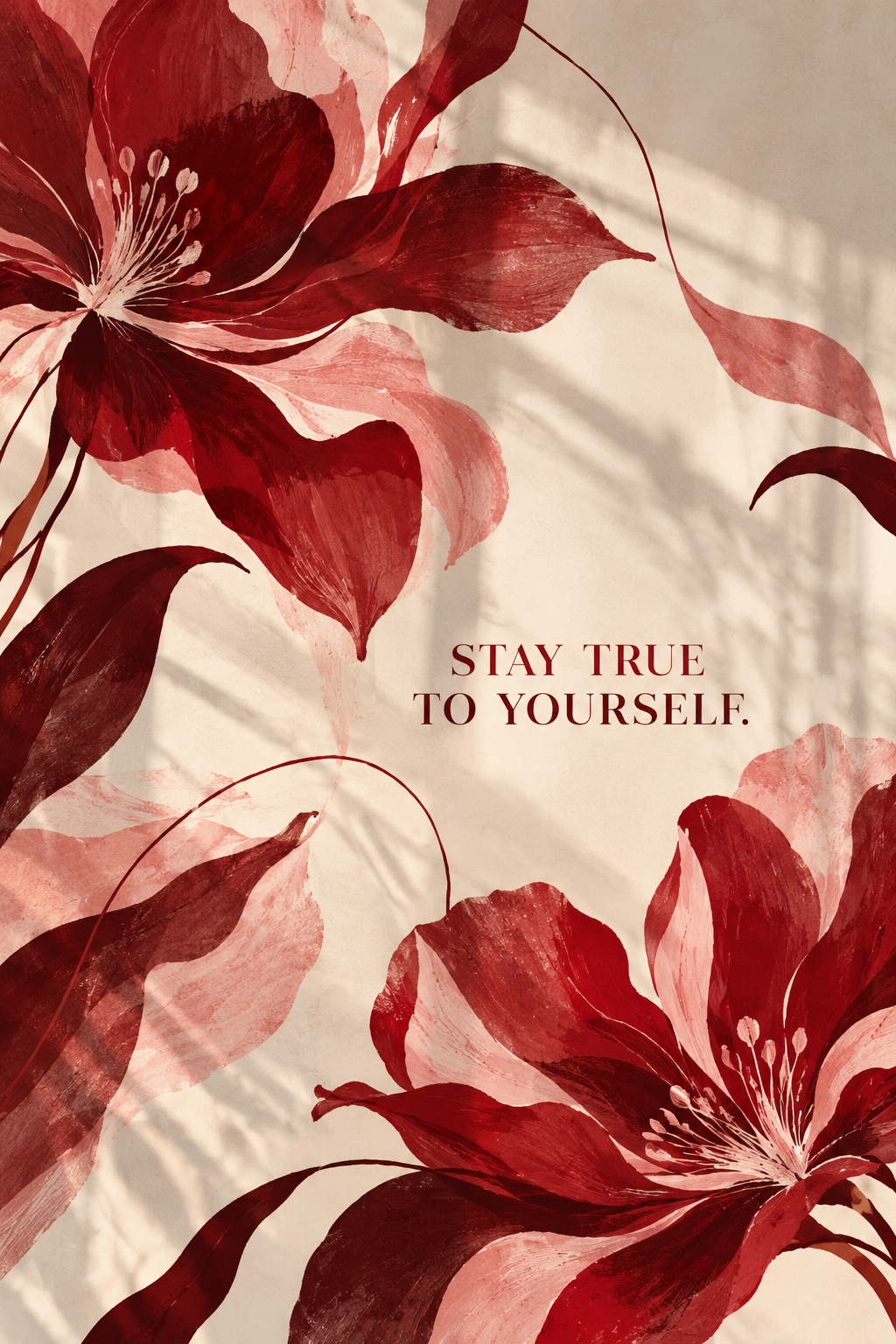 Hand-painted red and blush lilies on warm cream with the words Stay True to Yourself, full artwork