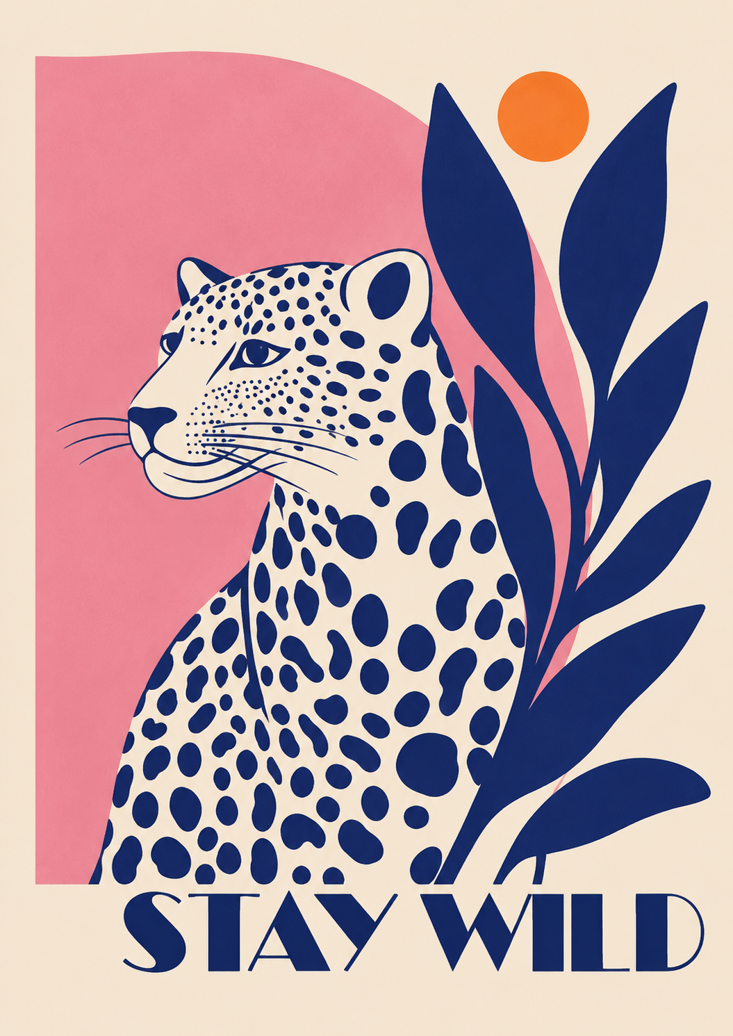 A navy spotted leopard beside navy leaves and an orange sun on pink and cream, with STAY WILD, full artwork