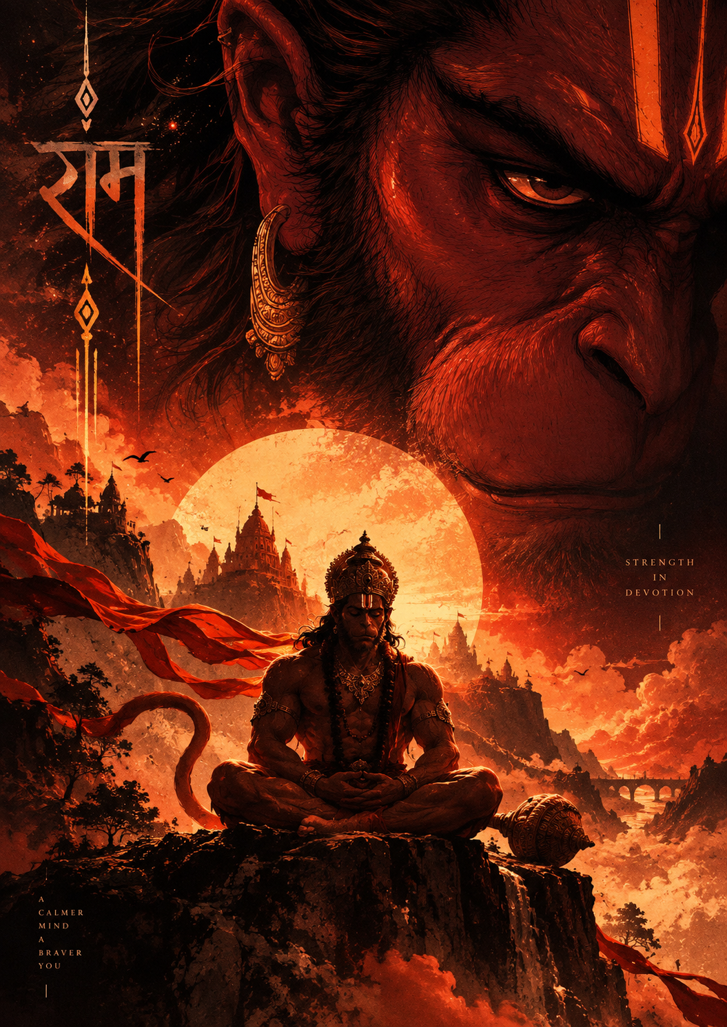 Hanuman meditating on a cliff before a fiery sunset, with a giant Hanuman face and Ram written in the sky, full artwork