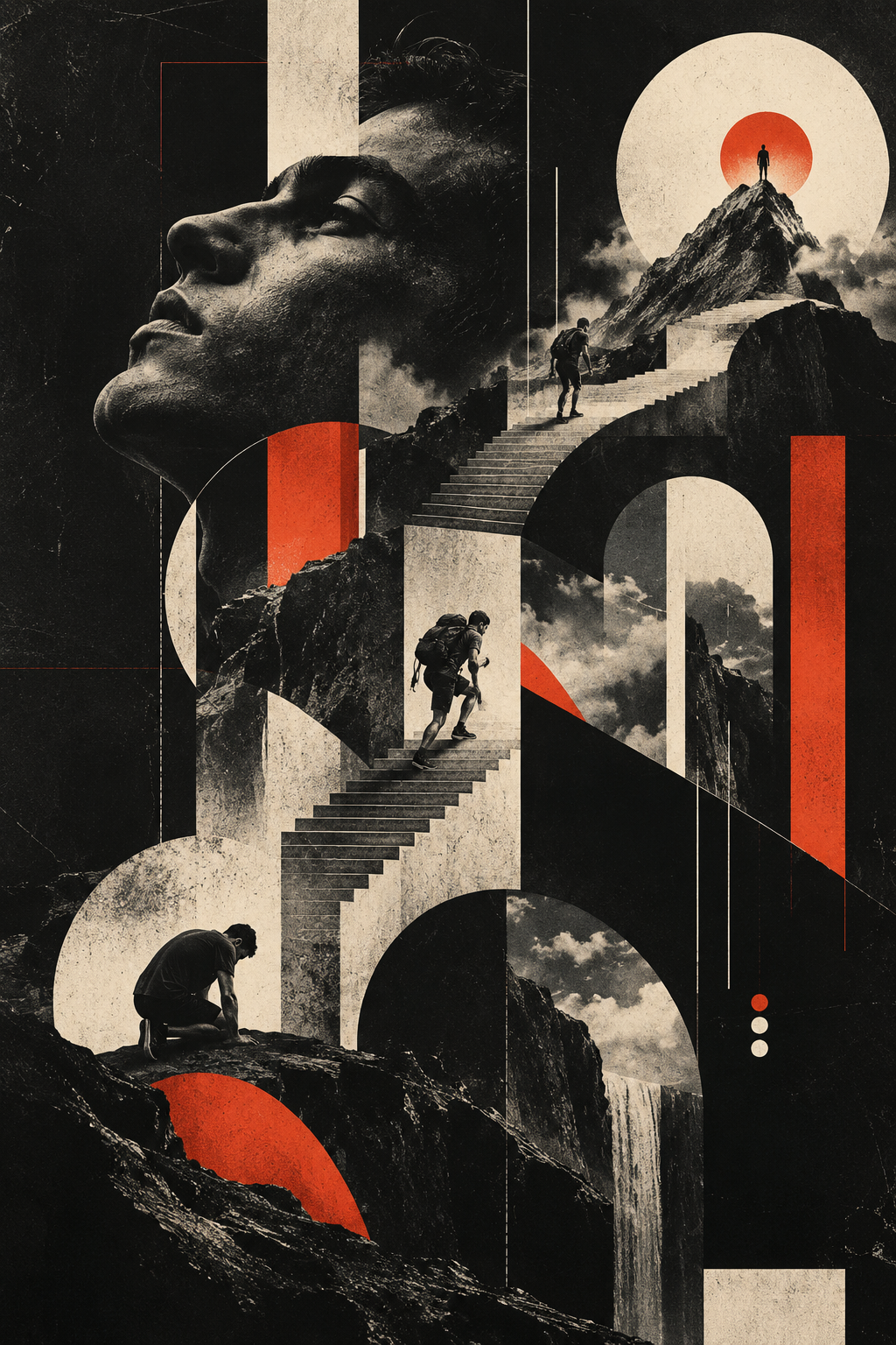 A giant face in profile above climbers on stairs and arches, with a red sun on a mountain peak, full artwork