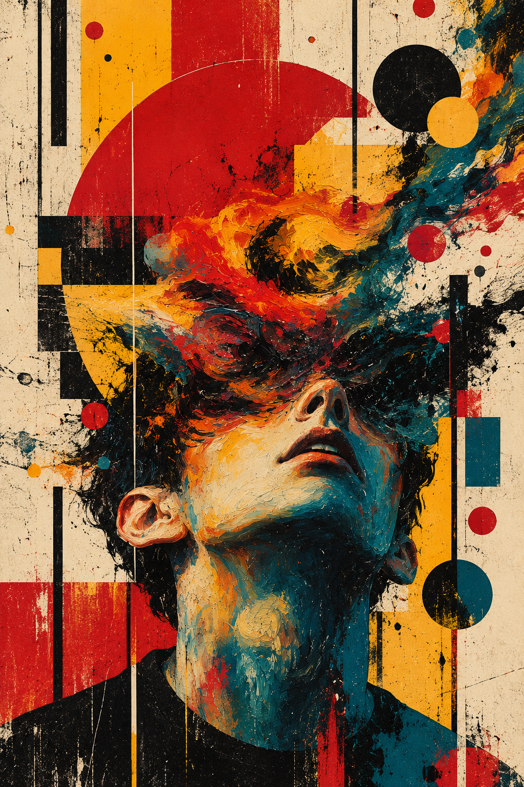 A face looking upward as the head bursts into colourful paint splashes and geometric shapes, full artwork