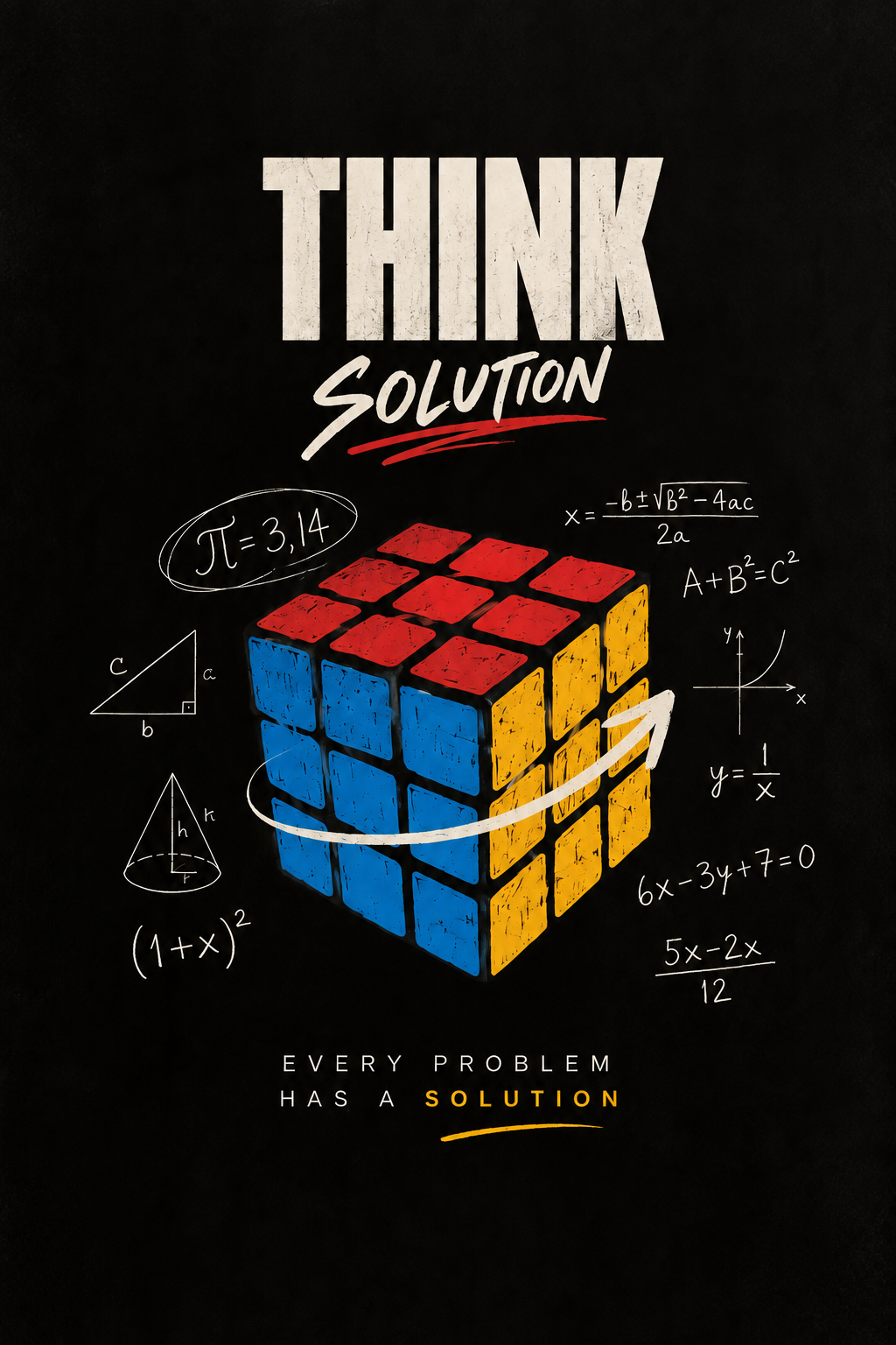 A colourful puzzle cube surrounded by chalk maths formulas under the words THINK SOLUTION, full artwork