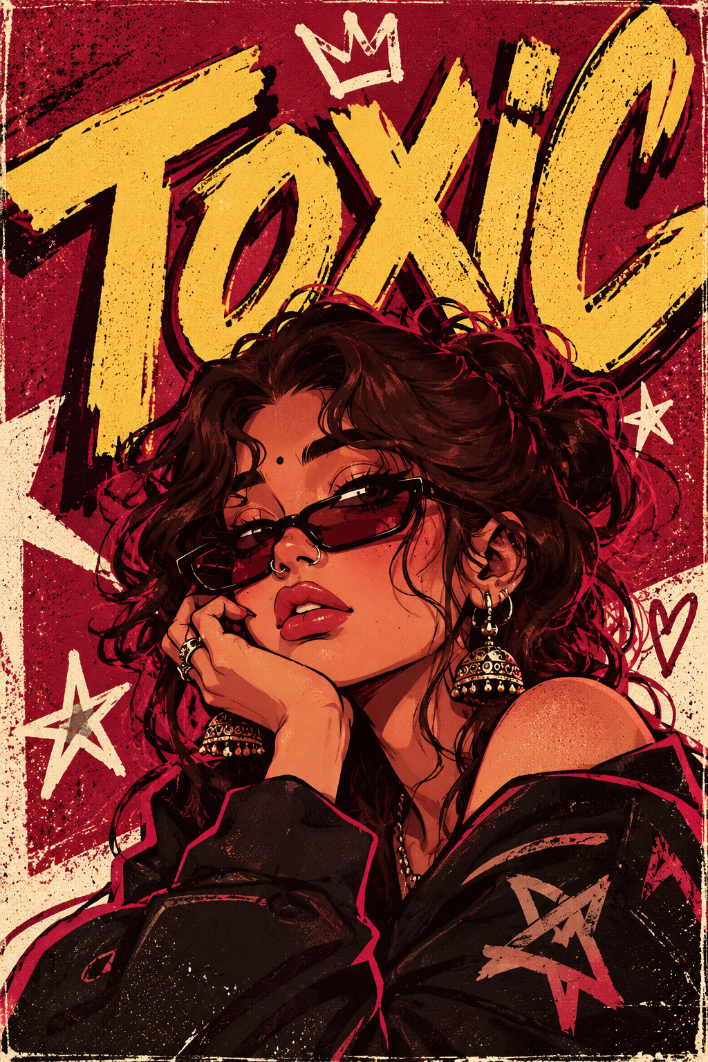 A pop-art girl in red sunglasses under big yellow TOXIC lettering with stars and a crown, full artwork