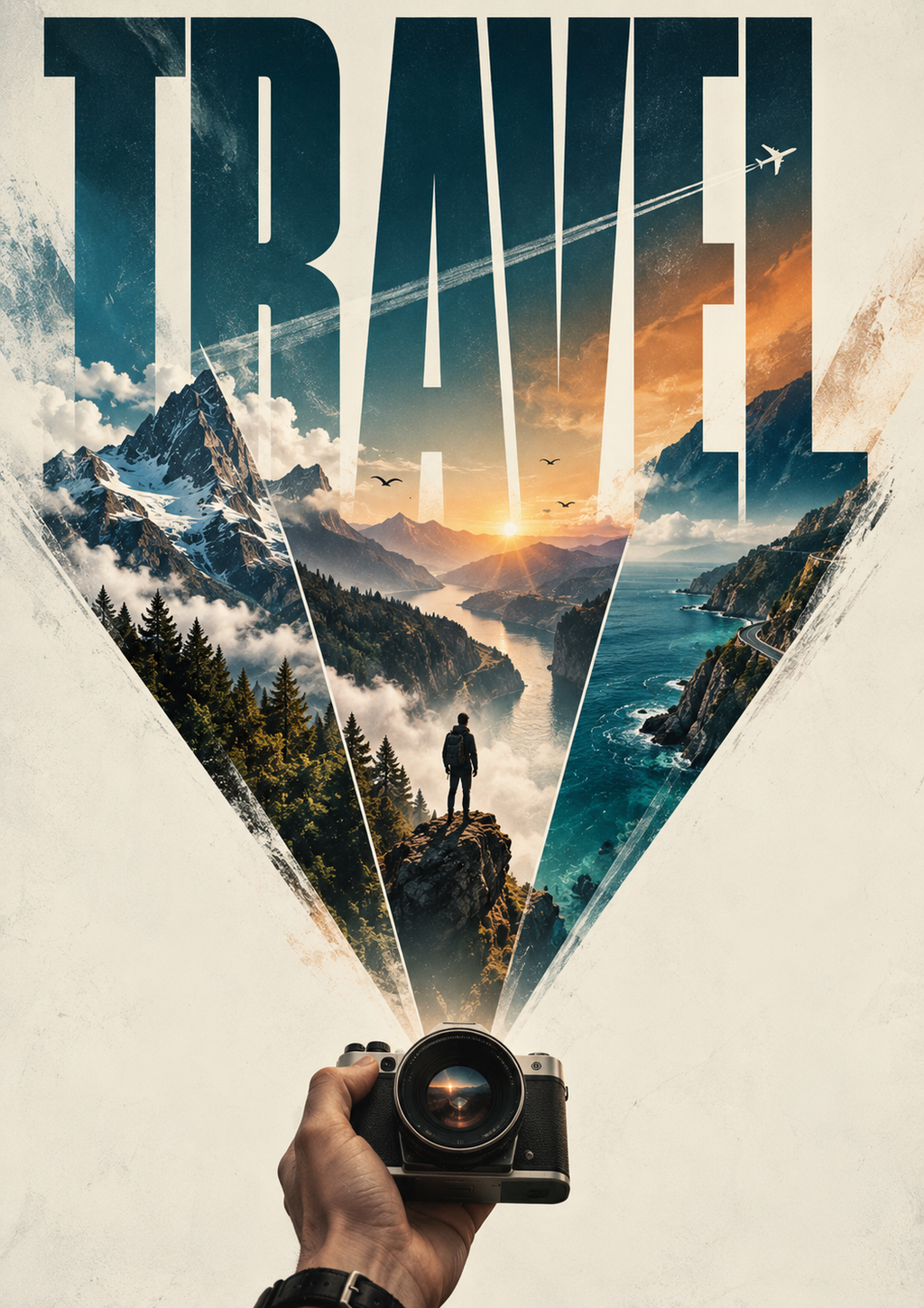A hand holding a camera that projects a mountain valley into tall TRAVEL letters, full artwork